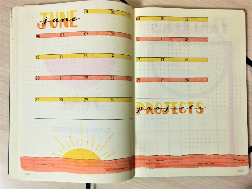 June bujo sunset theme monthly spread