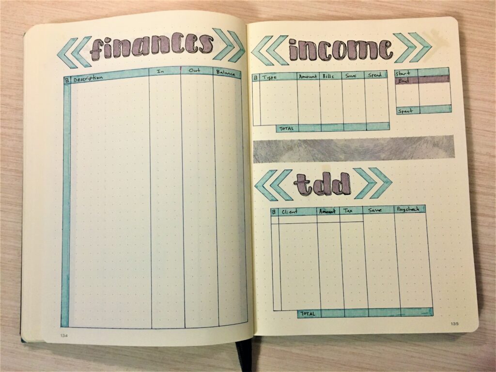 Blue & Gray bullet journal finance page