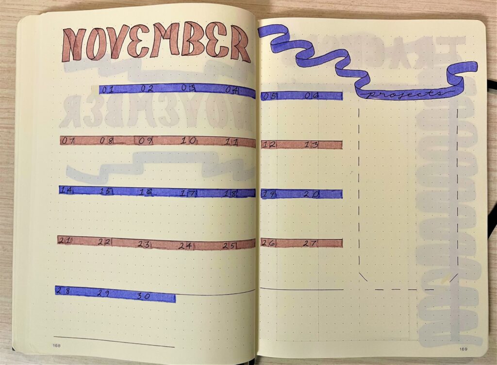 bullet journal with ribbon banner on minthly spread 