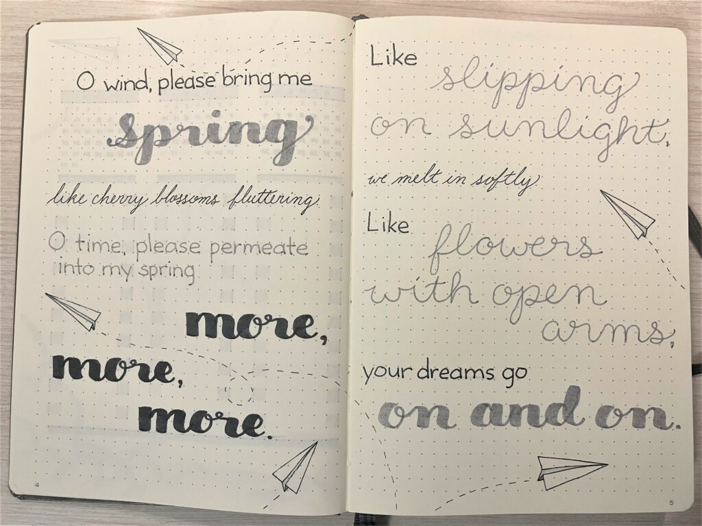 Paper airplanes bullet journal quote page - LUCY Flowering lyrics 
