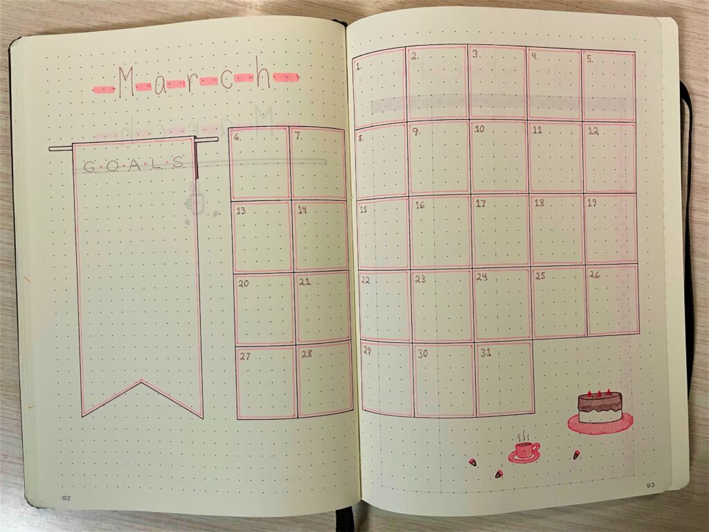 March bullet journal monthly spread