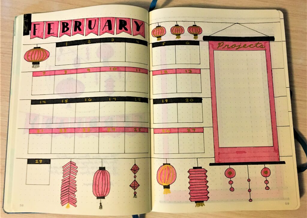 February Bujo Monthly Spread Lunar New Year