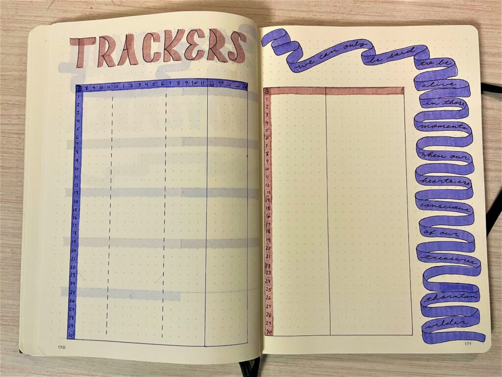 bullet journal with ribbon decoration on tracker pages